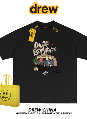 Drew周雨彤rose朴彩英明星同款短袖t恤女美式设计感高街情侣上衣