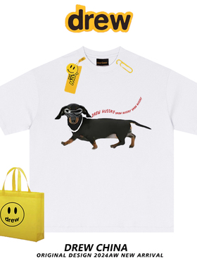 drew美式潮牌墨镜腊肠狗印花短袖T恤男女休闲百搭情侣纯棉上衣ins