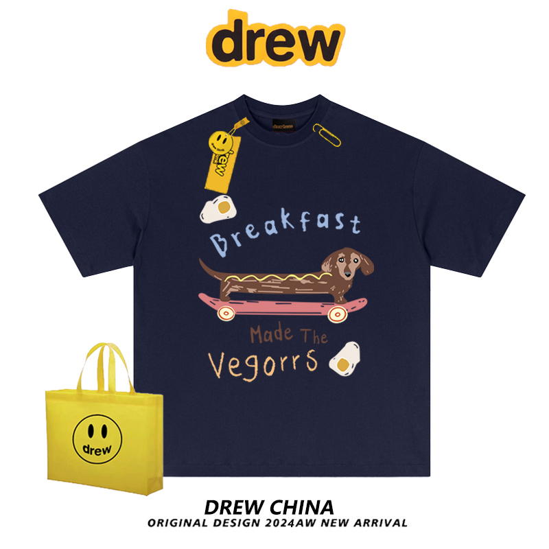 drew美式复古腊肠狗印花纯棉短袖t恤女潮牌夏季宽松学生半袖上衣