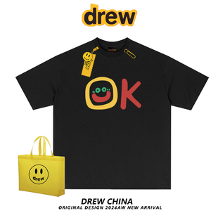 drew美式复古OK字母印花短袖t恤男女潮牌街头宽松情侣纯棉上衣ins