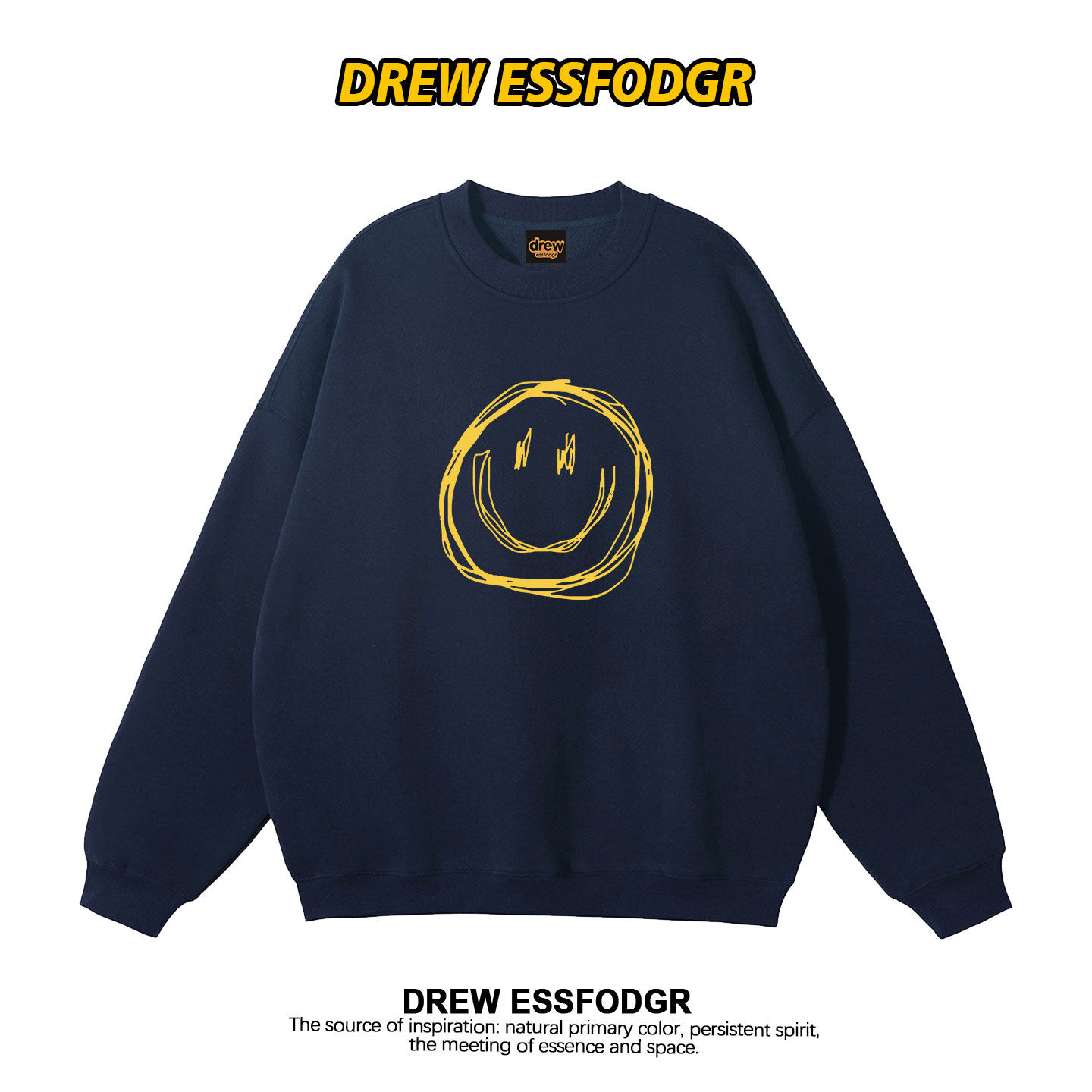 drew美式复古潮牌笑脸印花圆领卫衣男女情侣百搭宽松秋冬外套上衣