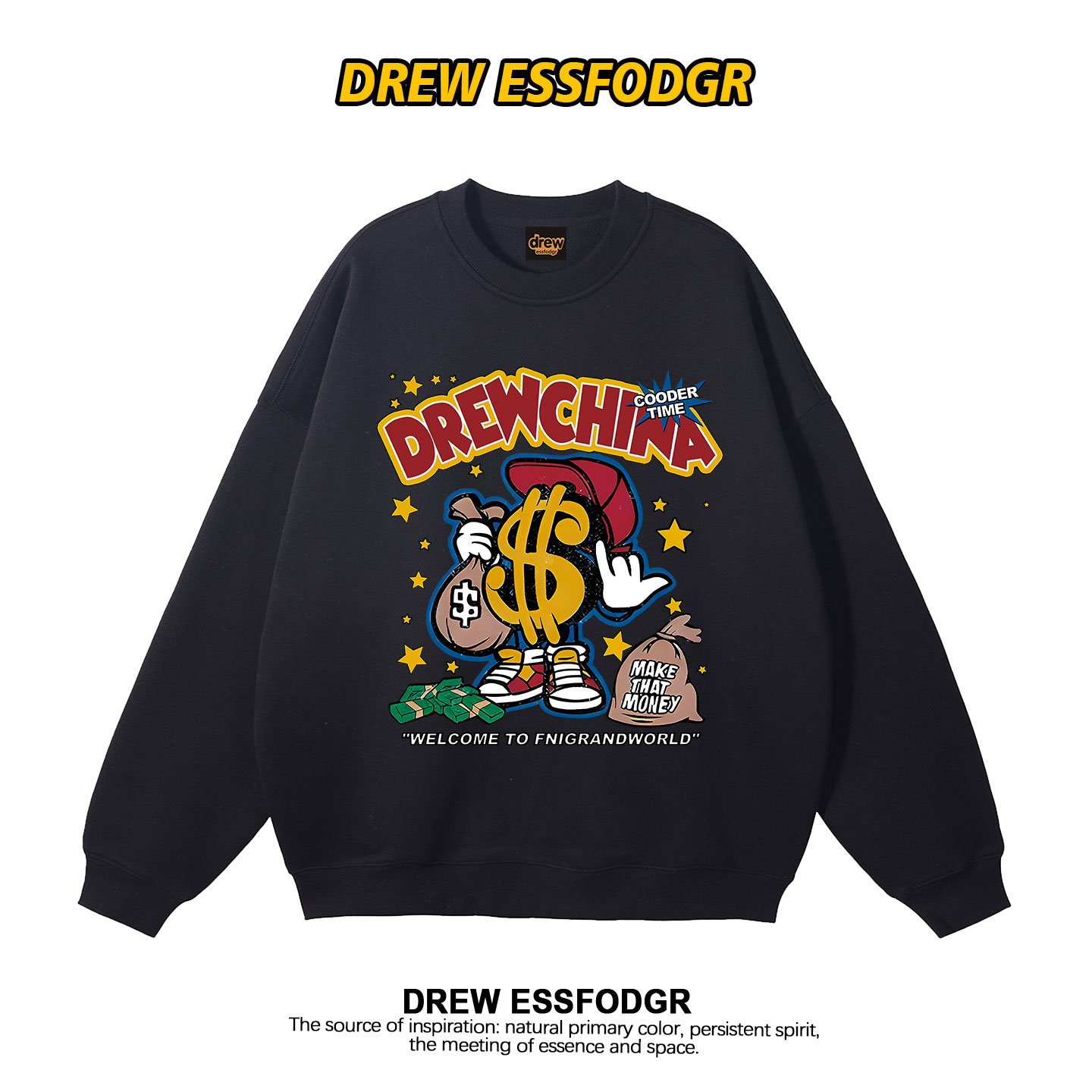 drew美式复古卡通印花圆领卫衣