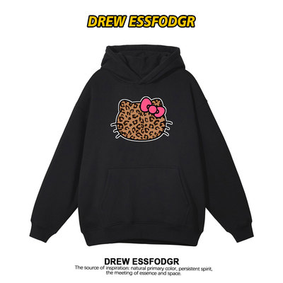 drew潮牌豹纹Kitty猫连帽卫衣