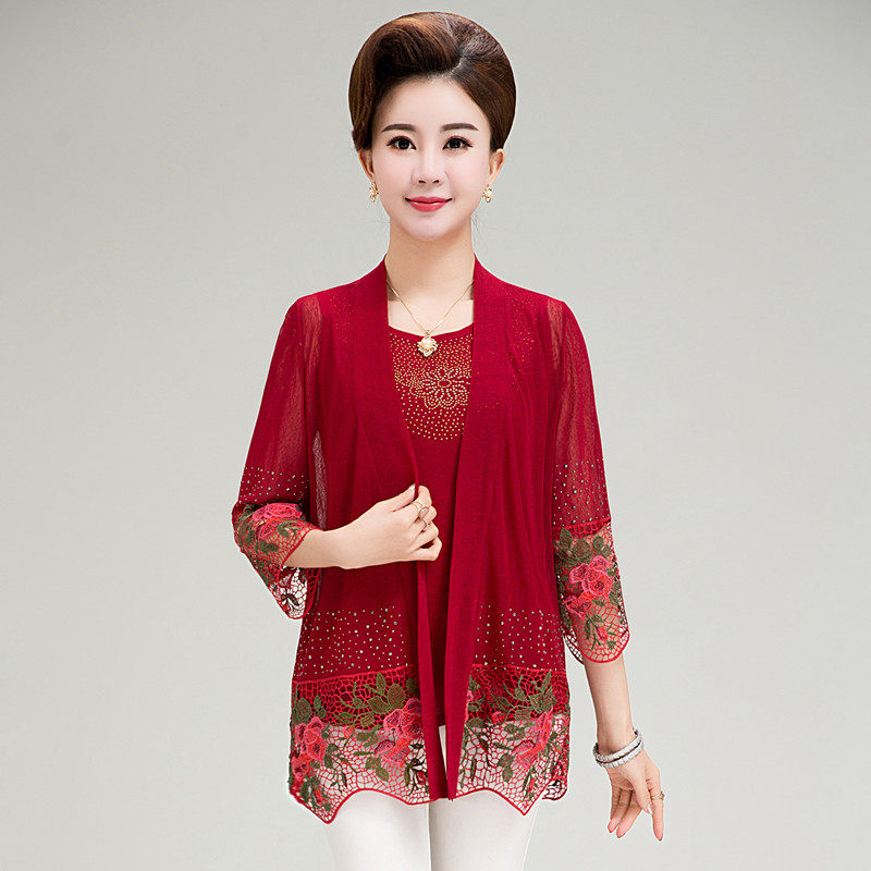 Middle and old aged women's clothing Summer cardigan Shawl Two piece set middle age Mom outfit Three Quarter Sleeve Mid length version Sunscreenin the Women's clothing/Boutique , Lace shirt/Chiffon shirt  category - from Buy2taobao.com to provide professional Taobao agent buy service