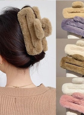 韩版咖色系毛绒大号发夹女后脑勺抓夹子头饰高级感鲨鱼夹发饰秋冬