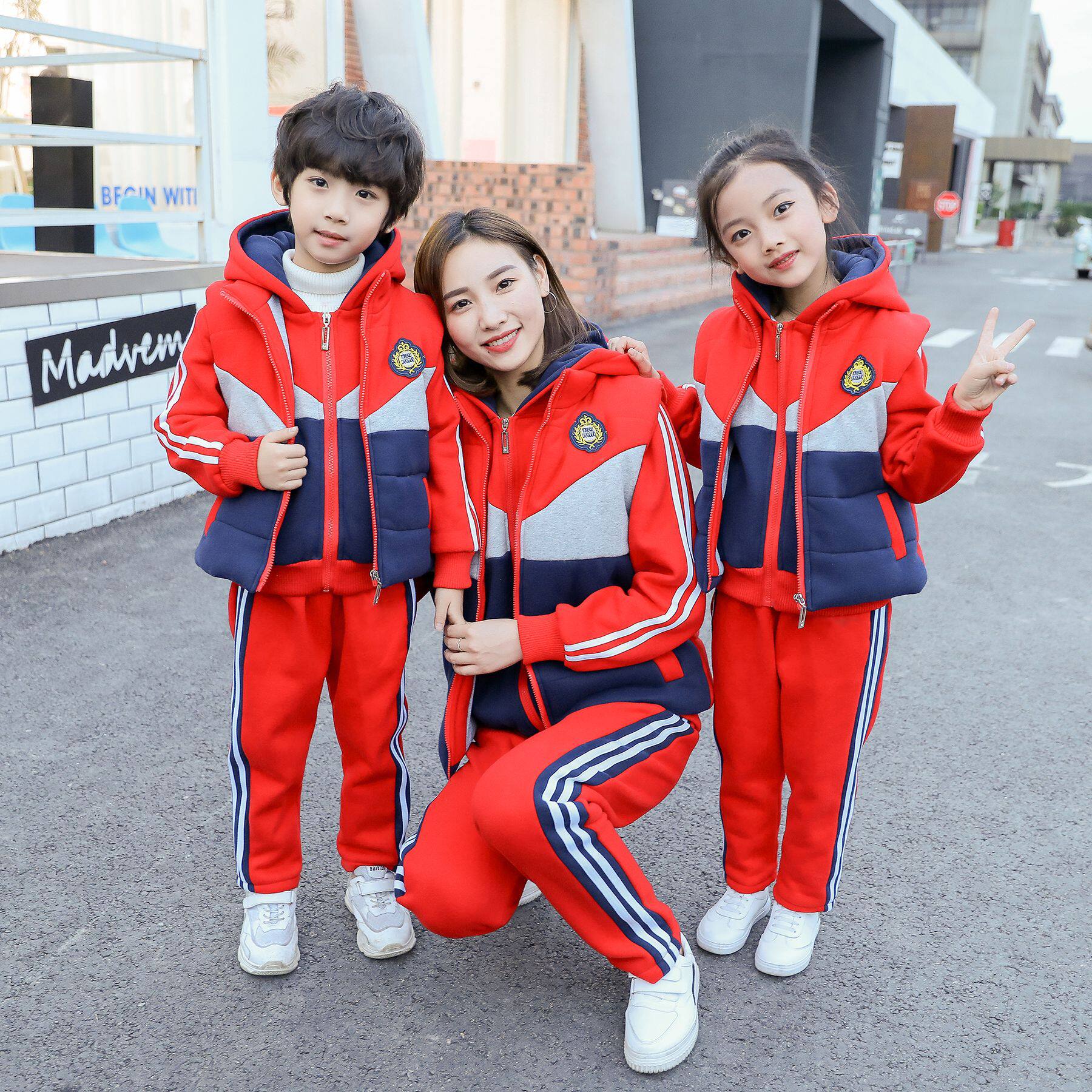 冬季校服加绒加厚卫衣三件套休闲运动套装儿童班服幼儿园园服校服