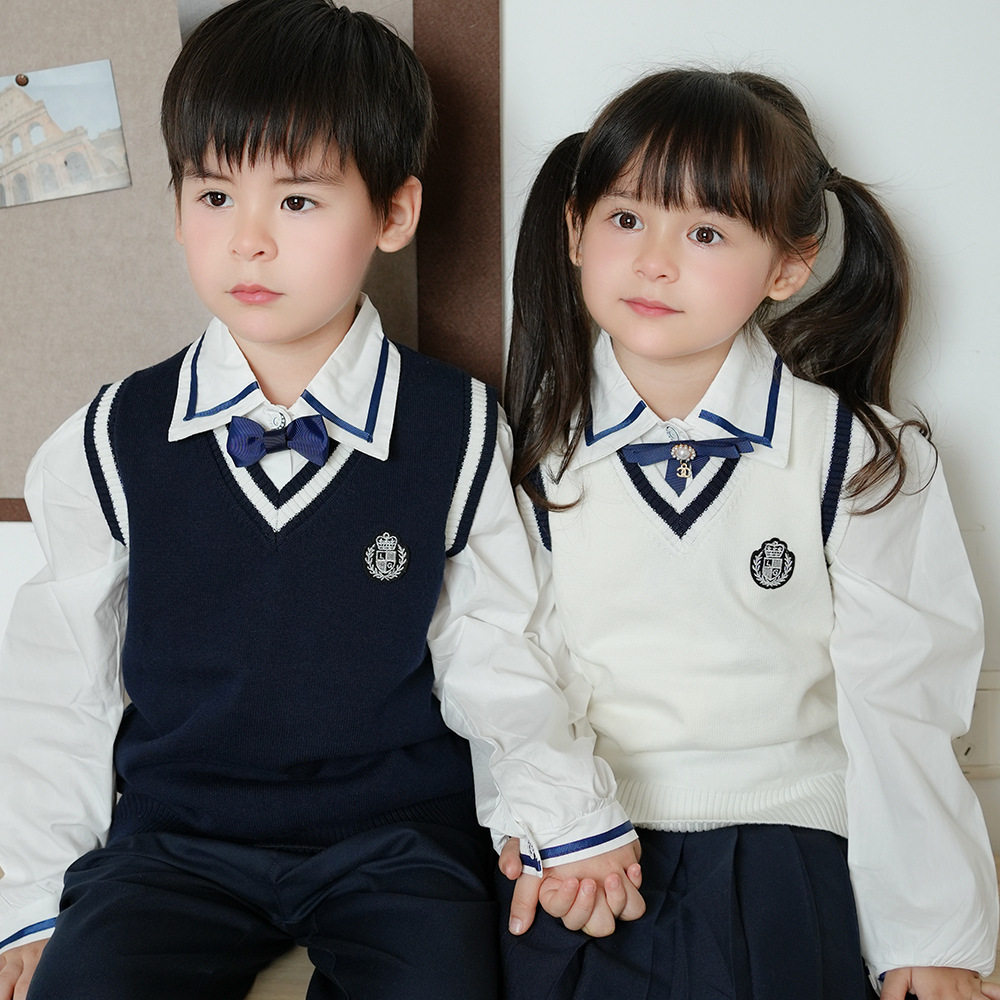 跨境新款春秋v领撞色中大儿童毛衣马甲学生校服女童针织背心