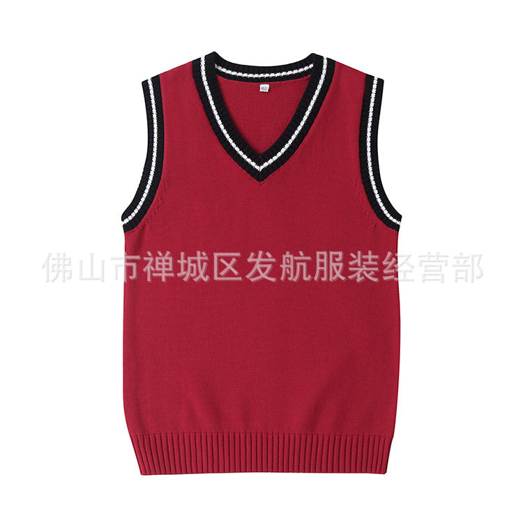 秋冬季儿童英伦风院校服背心V领 毛衣中小学生马甲针织衫红色菱形