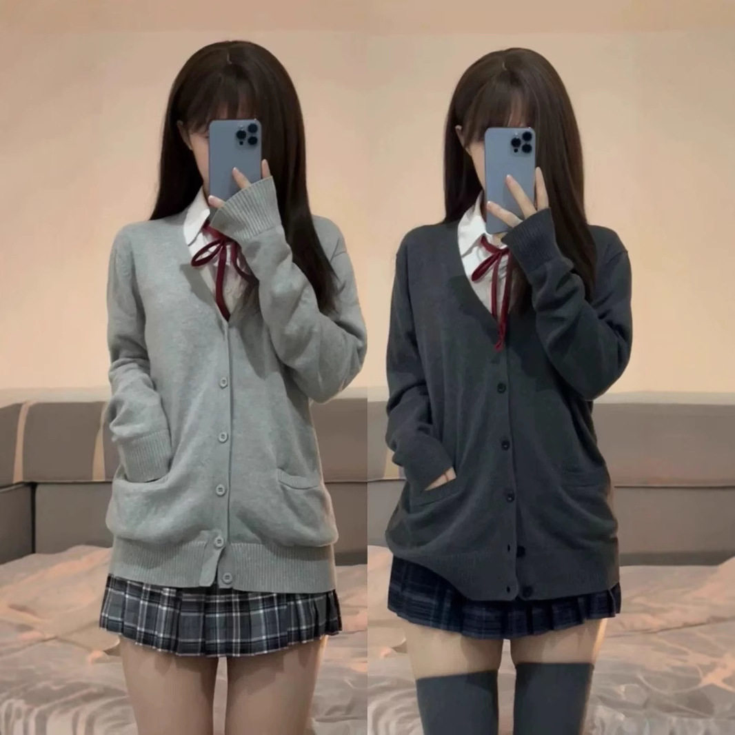 现货 学院风jk制服毛衣开衫甜美校供百搭秋冬叠穿V领外套针织衫长