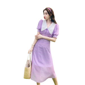 紫色泡泡袖波点套装轻熟风雪纺裙子