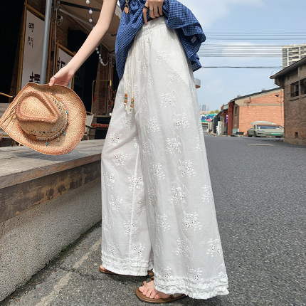 2026夏季新款镂空刺绣阔腿裤高腰宽松显瘦花边休闲九分裤裙女