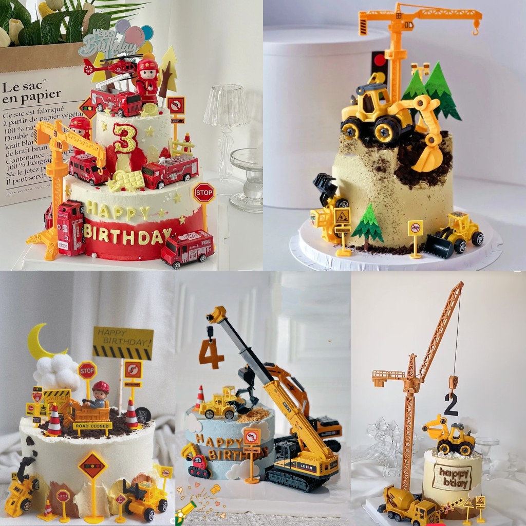 情景玩偶挖土机消防员蛋糕装饰