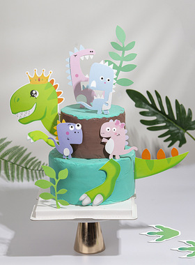 霸王龙儿童蛋糕插牌 蓝色纸卡恐龙套装插旗 男孩卡通蛋糕烘焙配件