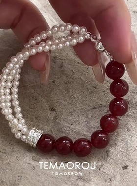 奥特莱斯品牌撤柜清仓复古新中式天然朱砂红色玛瑙施家珍珠手链女