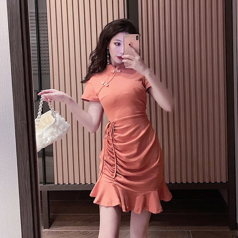 New retro and improved cheongsam with drawstring at waist and pink slim Short Sleeve Dress