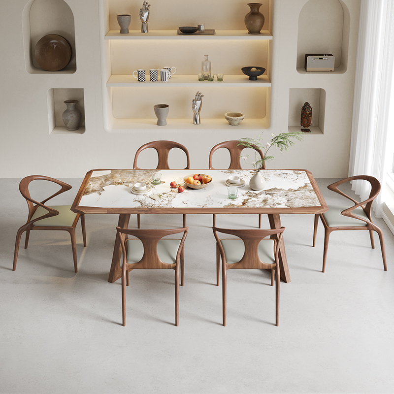 2021新款家用实木高端黑胡桃木餐桌 意式轻奢亮光潘多拉岩板餐桌