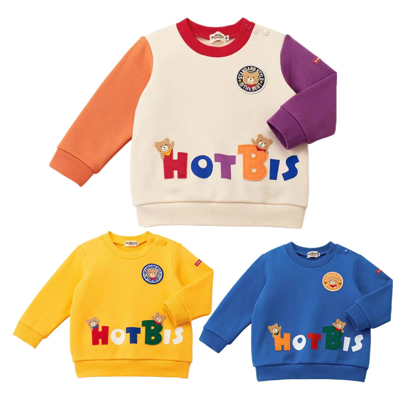 出口日本mk春秋季女童纯棉毛圈卫衣男童卡通刺绣圆领套头小熊上衣