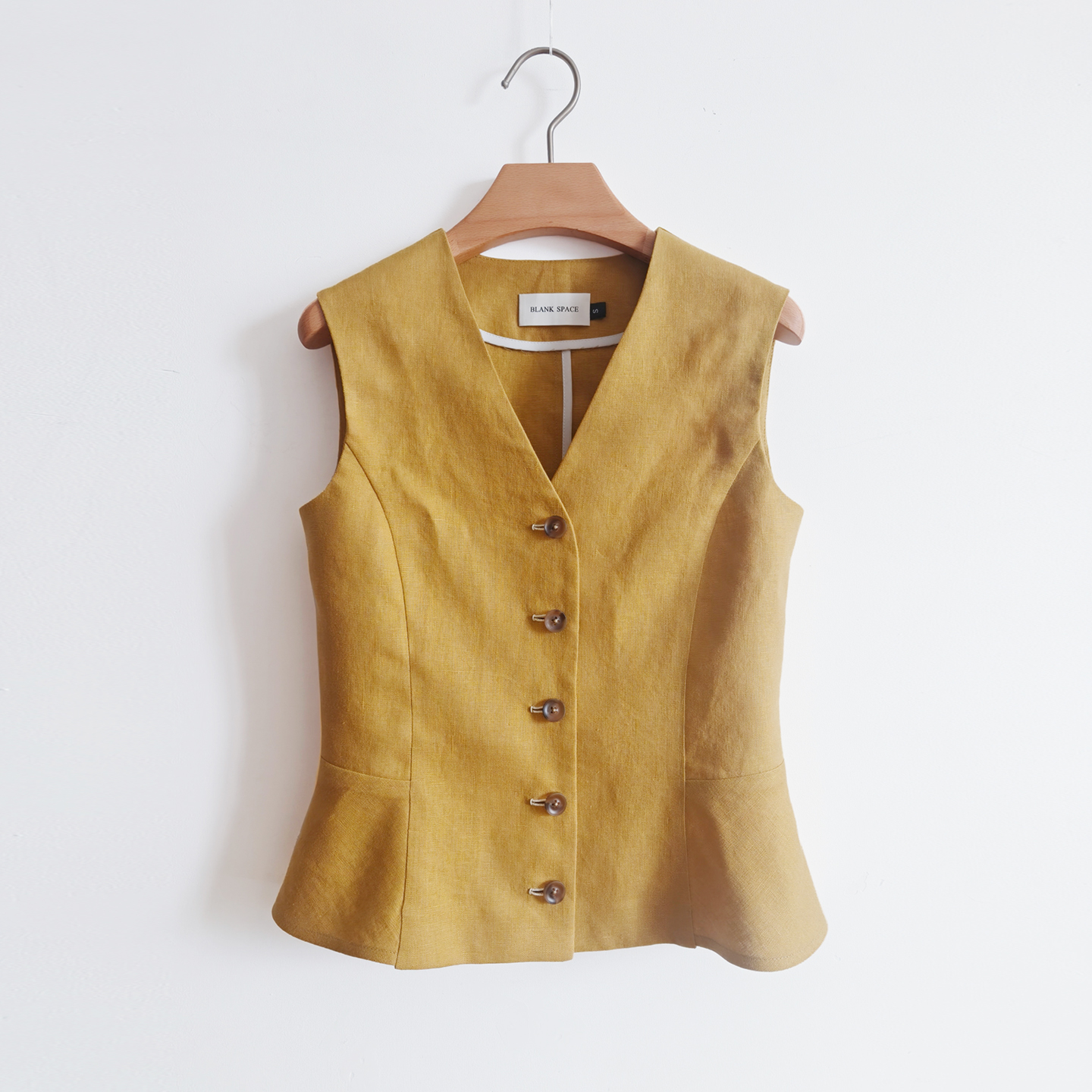 精裁柔软亚麻显白芥末色橄榄绿无袖马甲上衣夏垂感修身