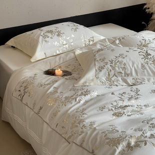 秋冬清新提花鎏金绒四件套加厚纯棉磨毛被套床单全棉白色床品1.8m