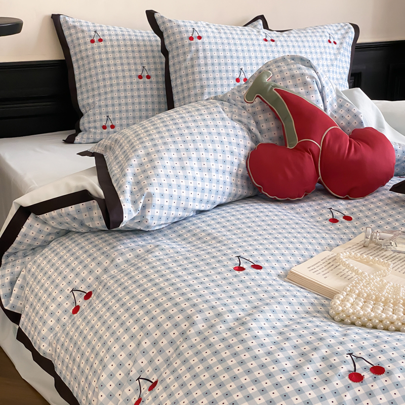 秋冬少女心可爱加厚100S全棉磨毛四件套纯棉格子樱桃被套保暖床品