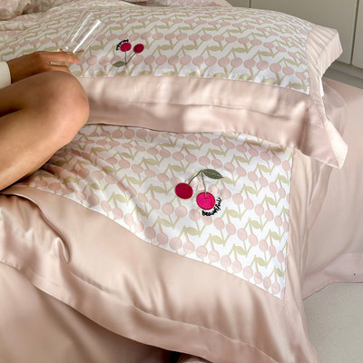 可爱少女心80支兰精天丝四件套裸睡樱桃印花被套床单刺绣床上用品