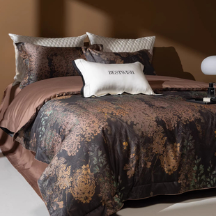 轻奢复古120S长绒棉四件套高端美式印花全棉纯棉被套床品四季款