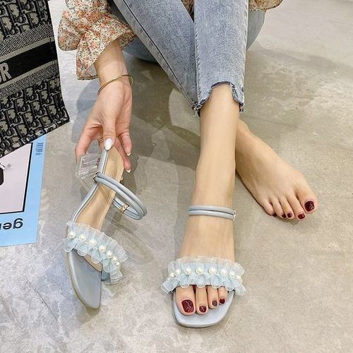 仙女风水晶粗跟两穿露趾一字拖