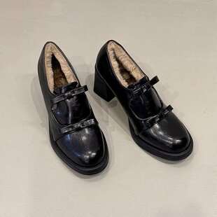 韩版小众加绒高跟乐福鞋女2025新款粗跟单鞋百搭保暖棉鞋jk小皮鞋