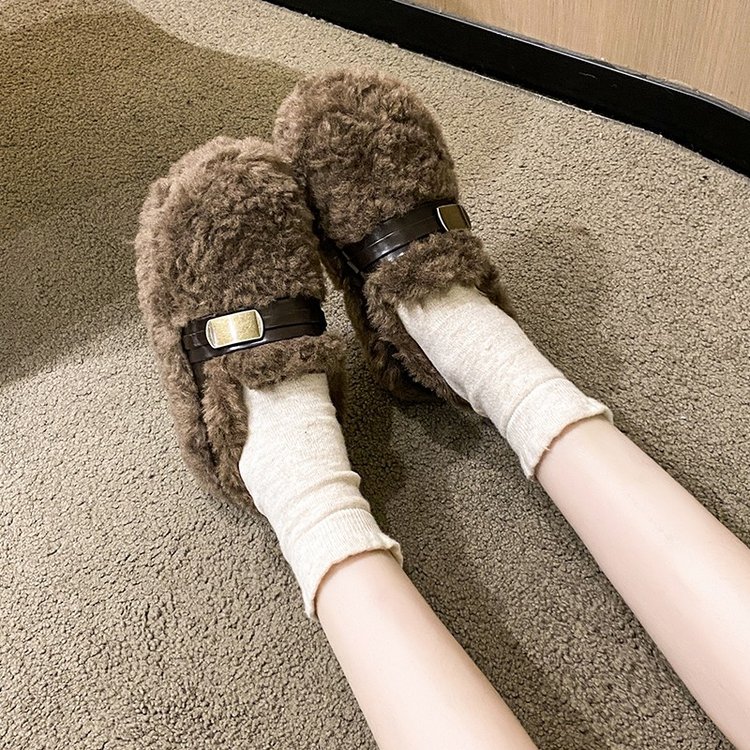 韩版设计感毛毛鞋女冬加绒棉鞋