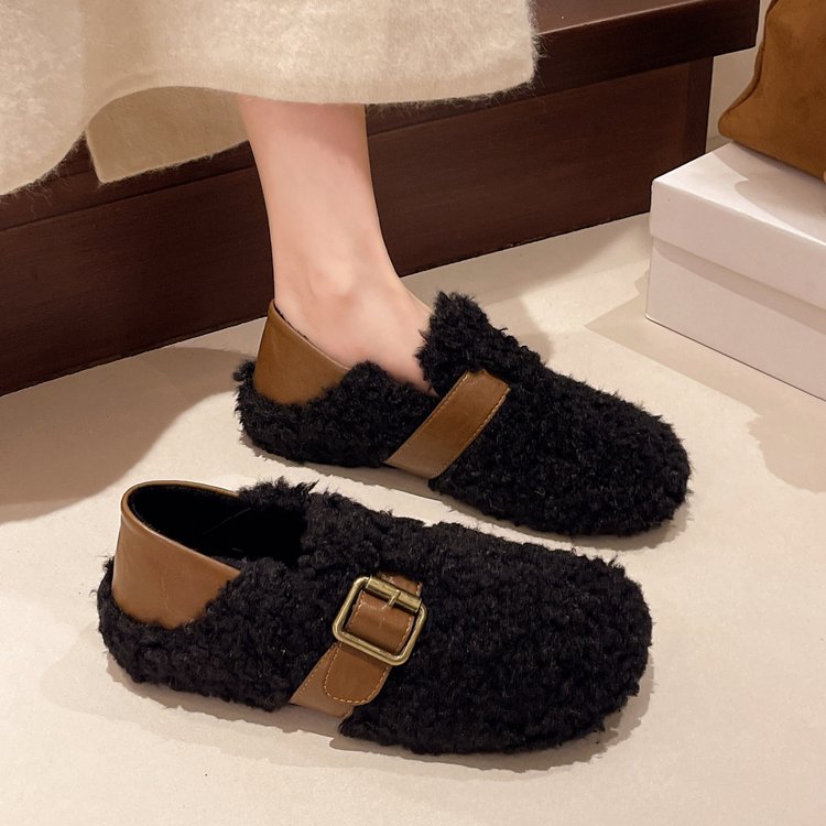 冬季新款皮带扣保暖一脚蹬毛毛鞋
