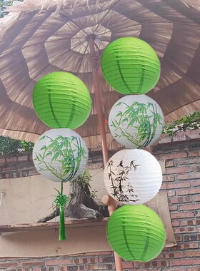 2025户外开春主题布置春天围炉煮茶场景布置装饰绿色纸灯笼挂饰