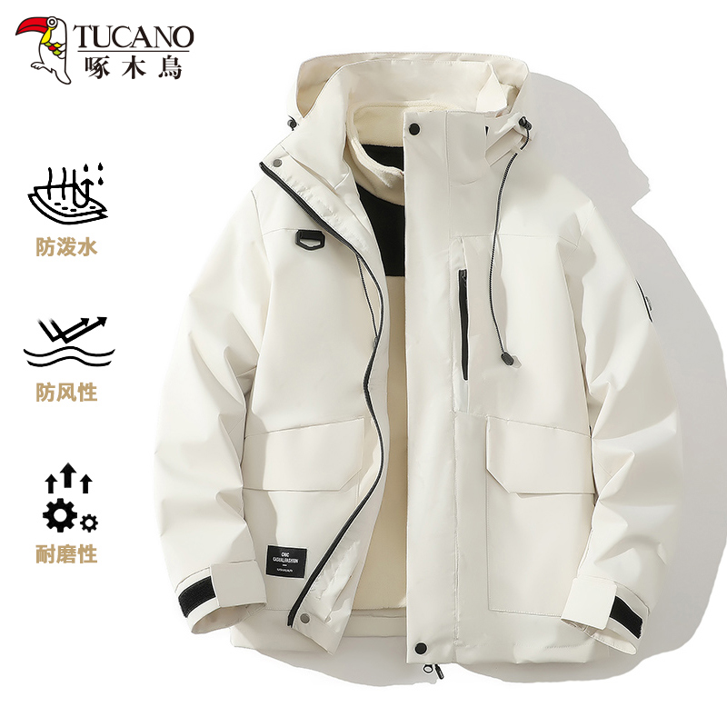 啄木鸟白色冲锋衣女款秋冬季加绒加厚三合一防风防水情侣登山服男