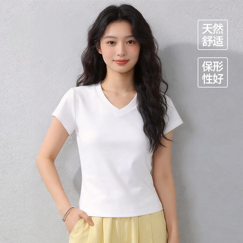 定制logo修身正肩v领短袖T恤女打底内搭团服纯棉紧身纯色体恤高弹图片