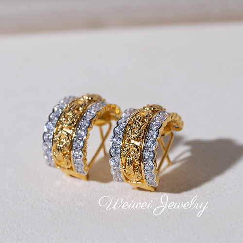 925银镀金编织镶钻耳环