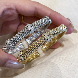 意大利进口925银镀金复古编织镶钻豹子手镯轻奢时尚气质宽手镯