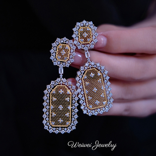 复古意大利珠罗纱工艺s925银镀18K金蕾丝蜂巢镂空方牌耳环耳坠