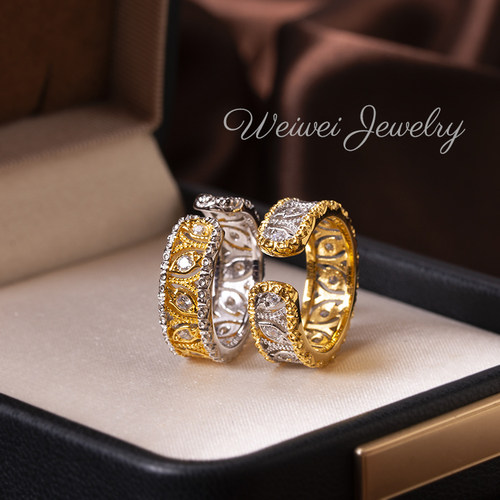 意大利雕金925银藤蔓开口戒指