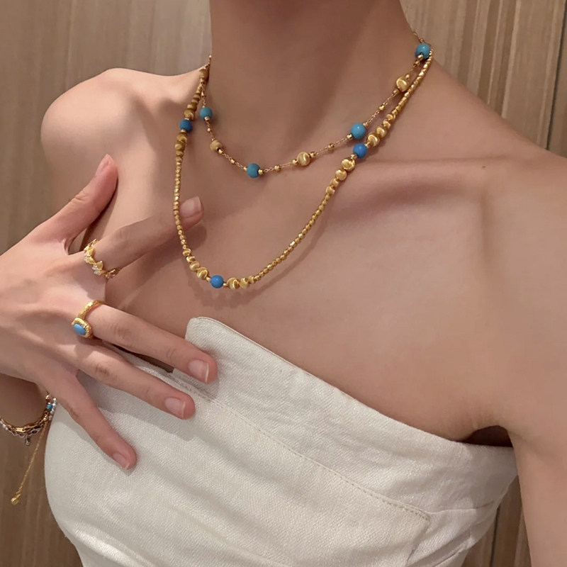 小众时尚轻奢925银镀Ｋ金拉丝金珠爆闪链绿松石虎眼石串珠项链女,饰品/流行首饰/时尚饰品新,银饰项链,淘宝优惠券,粉丝福利购,淘宝优惠卷