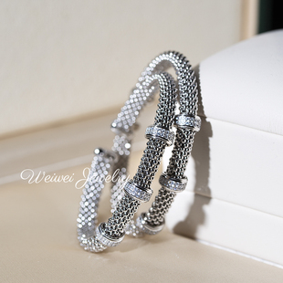 意大利进口925银镀金复古编织镶钻跑环手镯轻奢时尚气质宽手镯