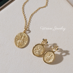 小众轻奢金色椭圆飞马吊坠项链S925银镀金浪漫与自由双面古币耳环