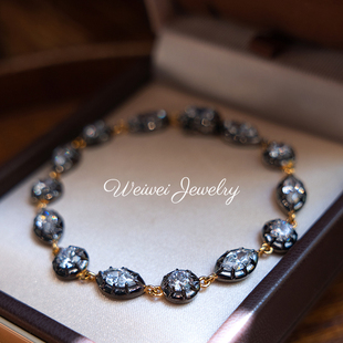 925银钻石手链女意大利轻奢高级感复古黑色手链简约百搭水晶手链