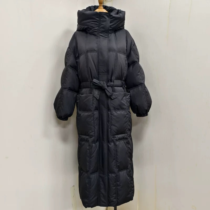 2025冬季新品腰带款90白鹅绒超长过膝到脚踝羽绒服加厚收腰长外套