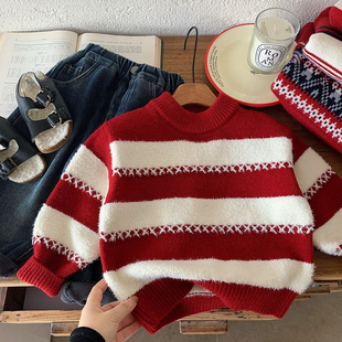 小童红白条纹套头毛衣男女童2025秋冬宝宝保暖上衣儿童新年针织衫