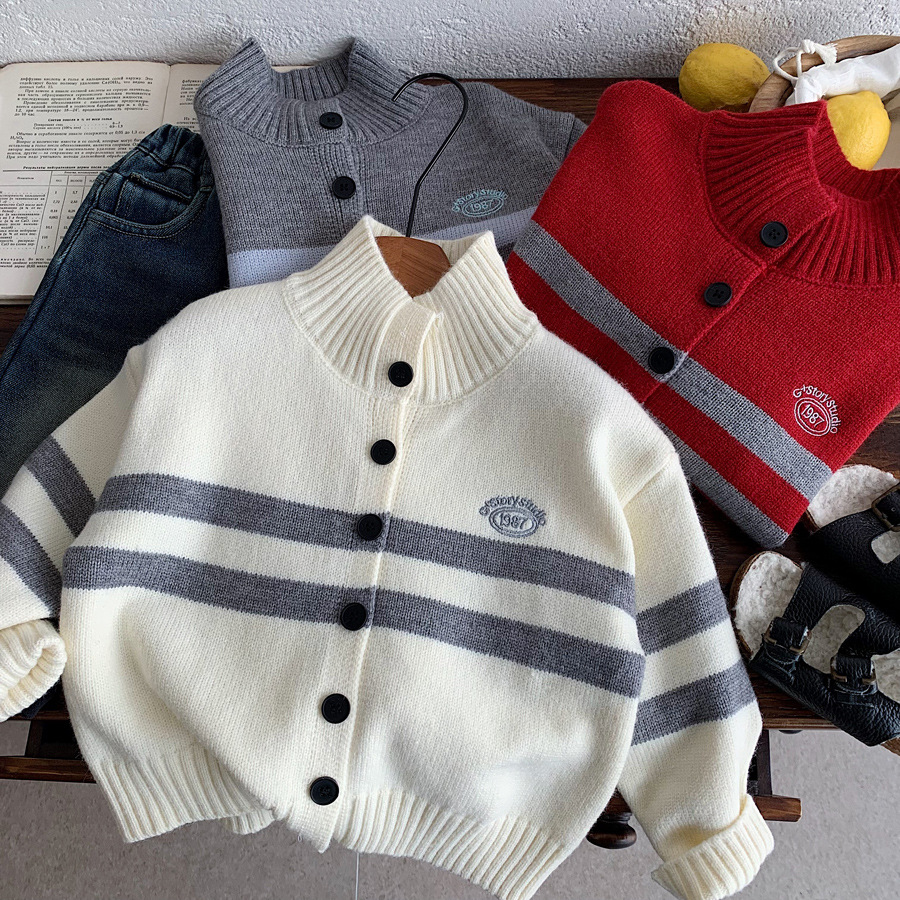 小童条纹半高领针织开衫男女童