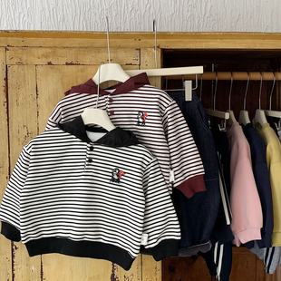 小童卡通条纹加绒卫衣男女童2025秋冬宝宝连帽衫 儿童加厚打底上衣