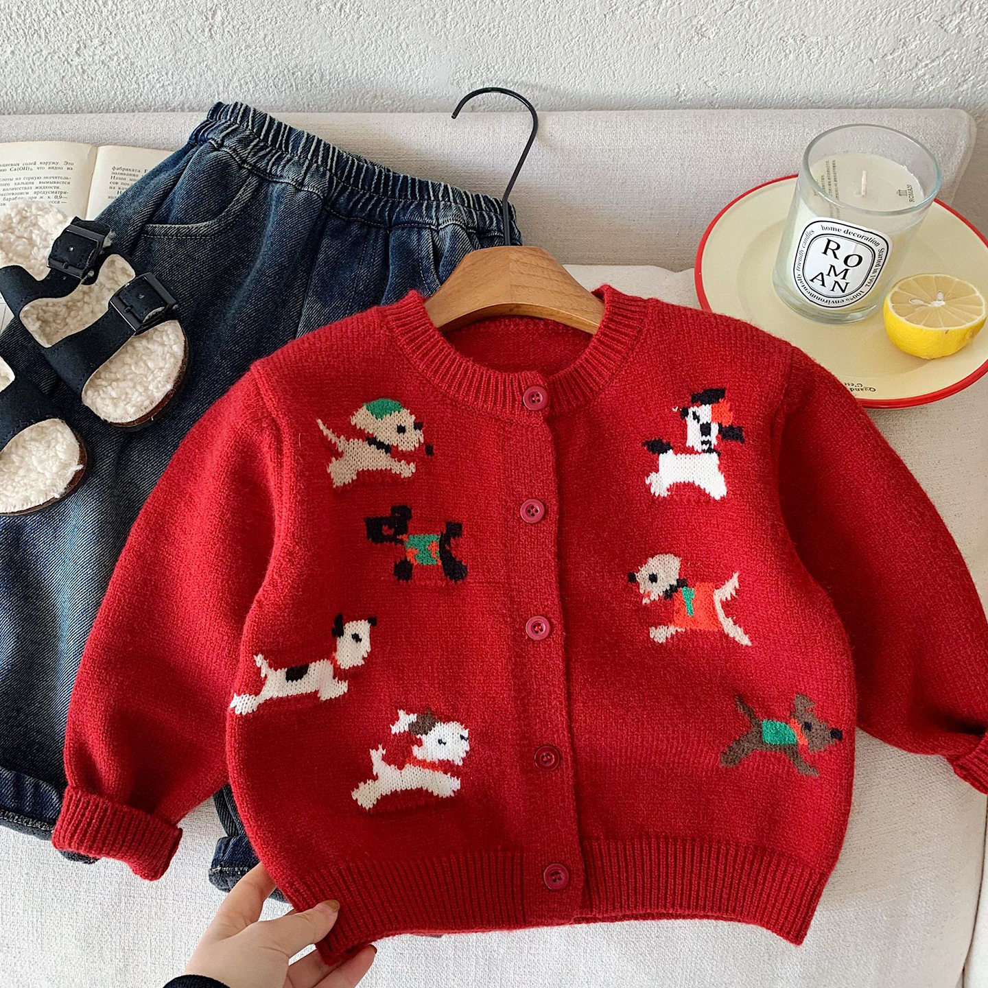 小童可爱卡通红色针织开衫男女童