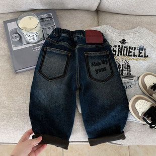 小童高弹加绒牛仔裤男女童2025秋冬装宝宝保暖长裤儿童加厚休闲裤