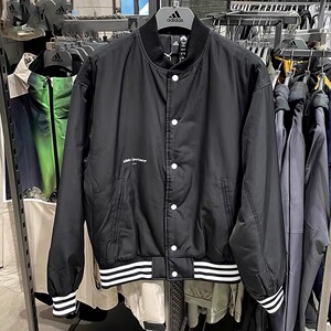 Adidas男子秋冬新款纯色棒球领条纹图案拉链长袖棉服IZ1603