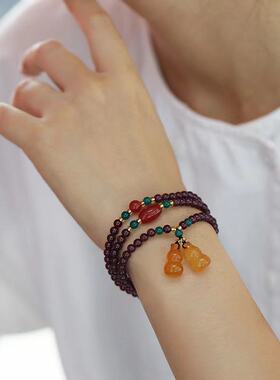 天然三圈石榴石手链 双葫芦玉髓手串手饰男女情侣款复古简约风