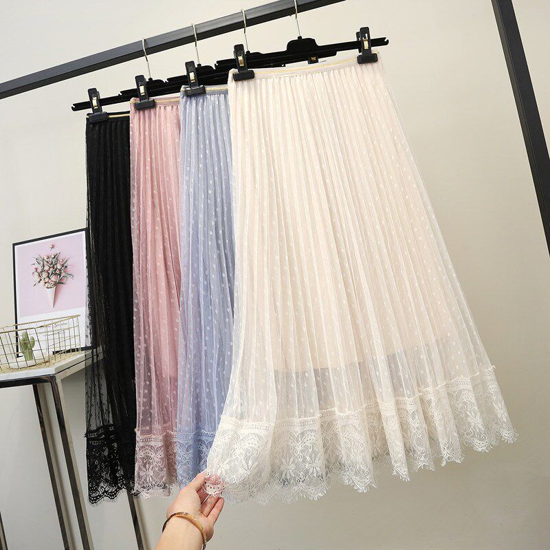 网纱半身裙女 2019新款松紧腰波点a字百褶裙中长蕾丝边高腰大摆裙|ruв категории Женская одежда, юбка - от Buy2taobao.com для оказания профессиональной услуги покупки агента Taobao